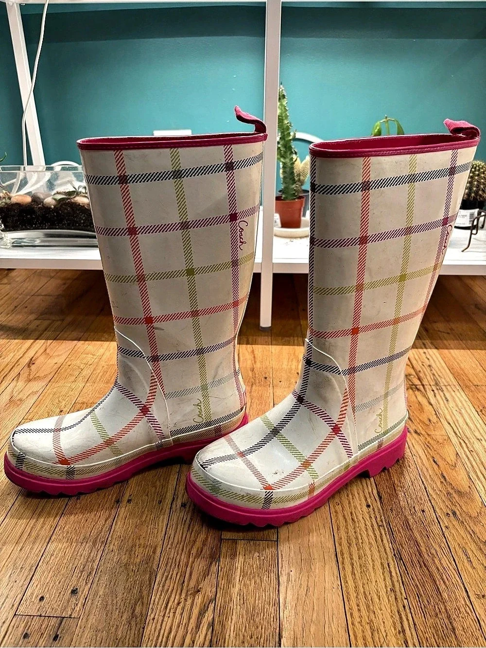Coach Plaid Rain Boots in Pink & White
